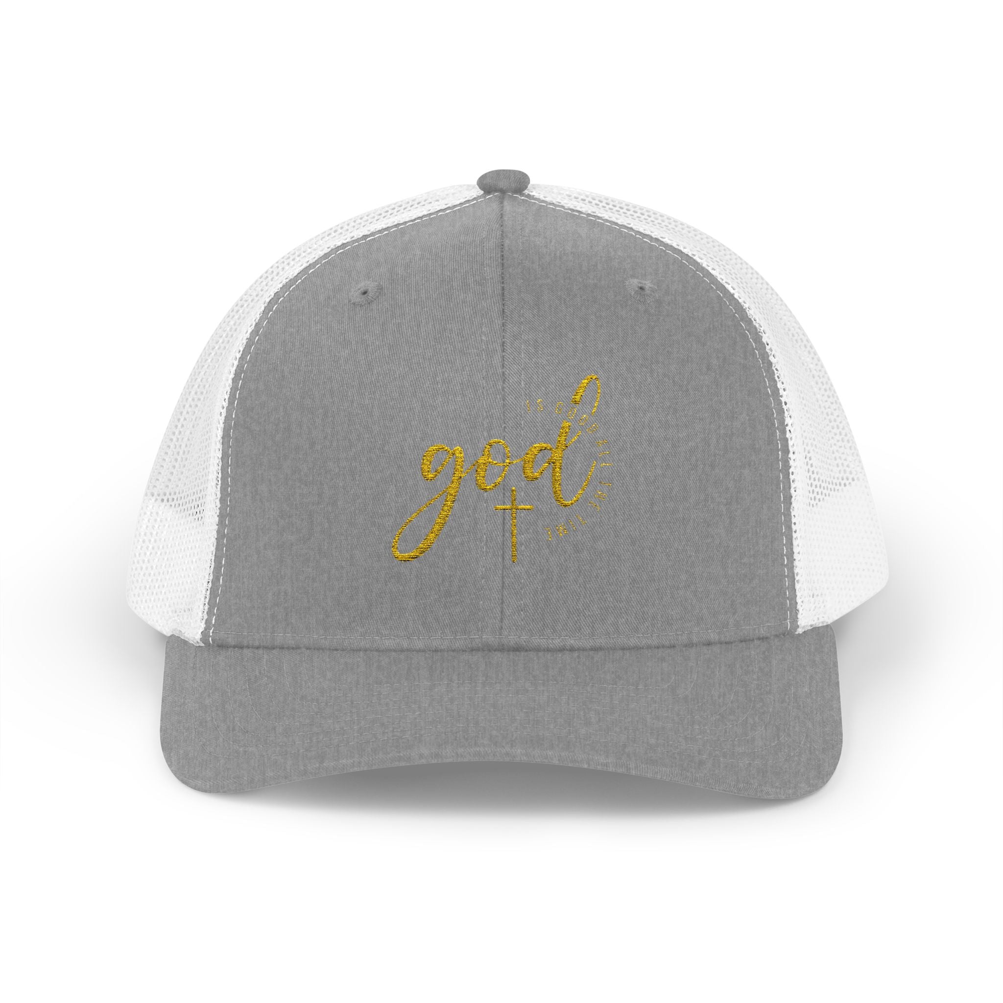 God Script Trucker Cap — Gold Sparkle Faith Snapback