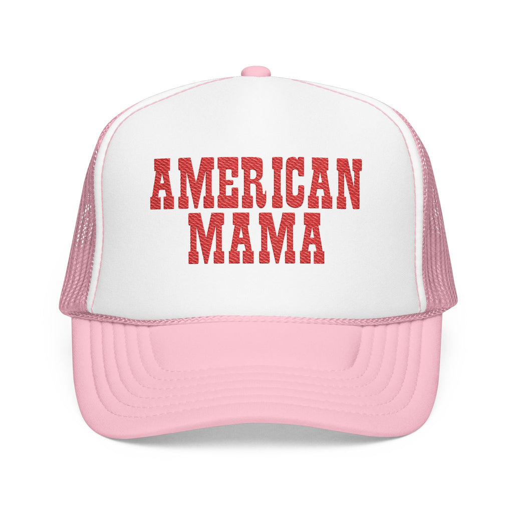 American Mama Trucker Hat - Vintage Red Distressed Foam Mesh Cap for Patriotic Moms