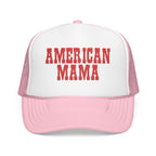 American Mama Trucker Hat - Vintage Red Distressed Foam Mesh Cap for Patriotic Moms