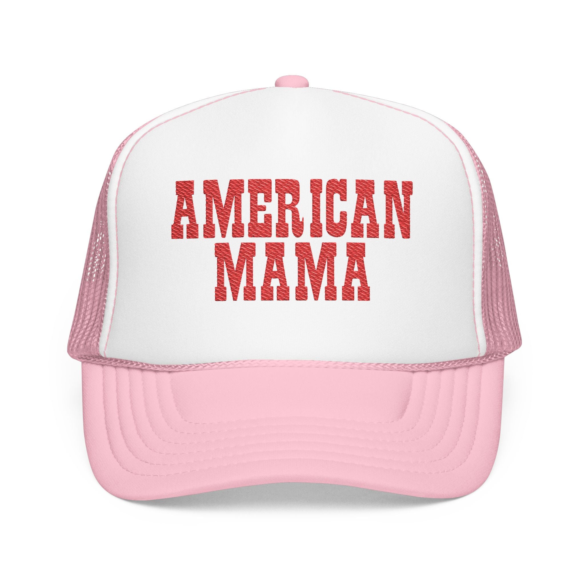 American Mama Trucker Hat - Vintage Red Distressed Foam Mesh Cap for Patriotic Moms