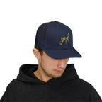 God Script Trucker Cap — Gold Sparkle Faith Snapback