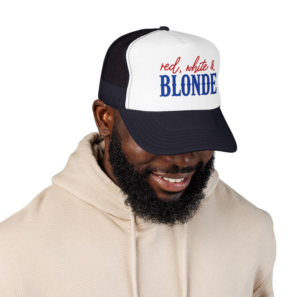 Red, White & Blonde Trucker Hat — Patriotic Blonde Foam Trucker Hat
