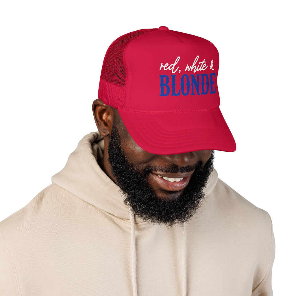 Red, White & Blonde Trucker Hat — Patriotic Blonde Foam Trucker Hat