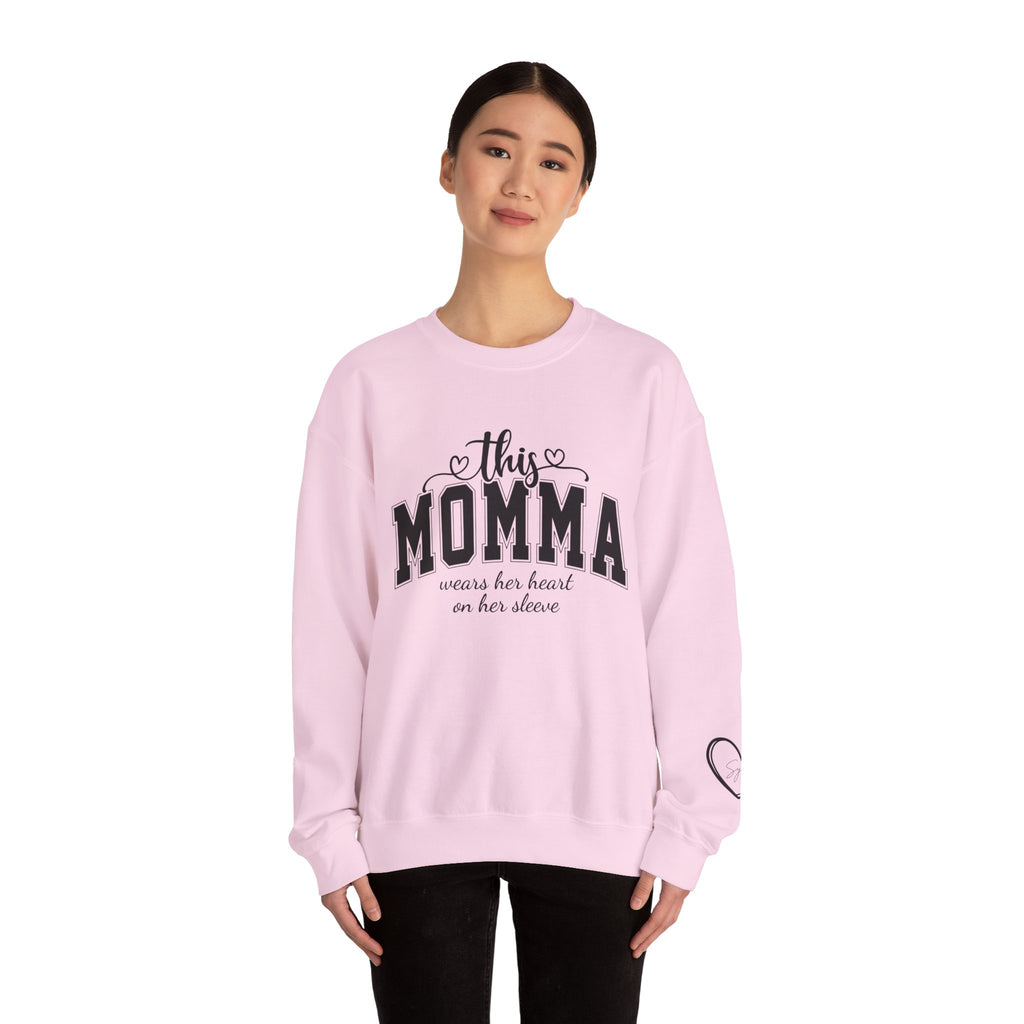 Customized Momma, Gigi, Grammy, Grandma, Mama, Mom, or Nana  Crewneck Sweatshirt – “This ….. Wears Her Heart on Her Sleeve” Cozy Pullover