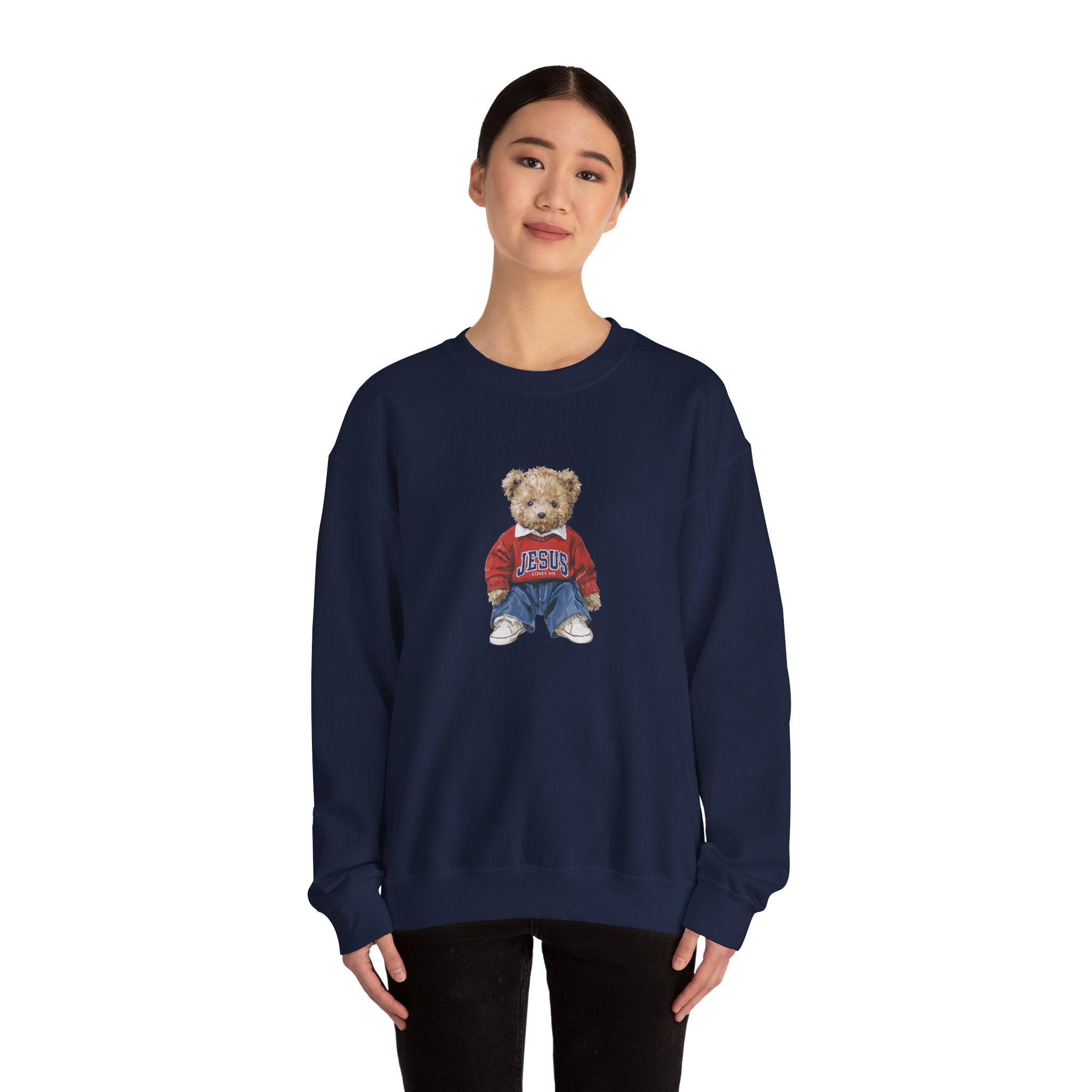 Crewneck Sweatshirt — Teddy Bear Wearing 'Jesus' Sweater Christian Graphic