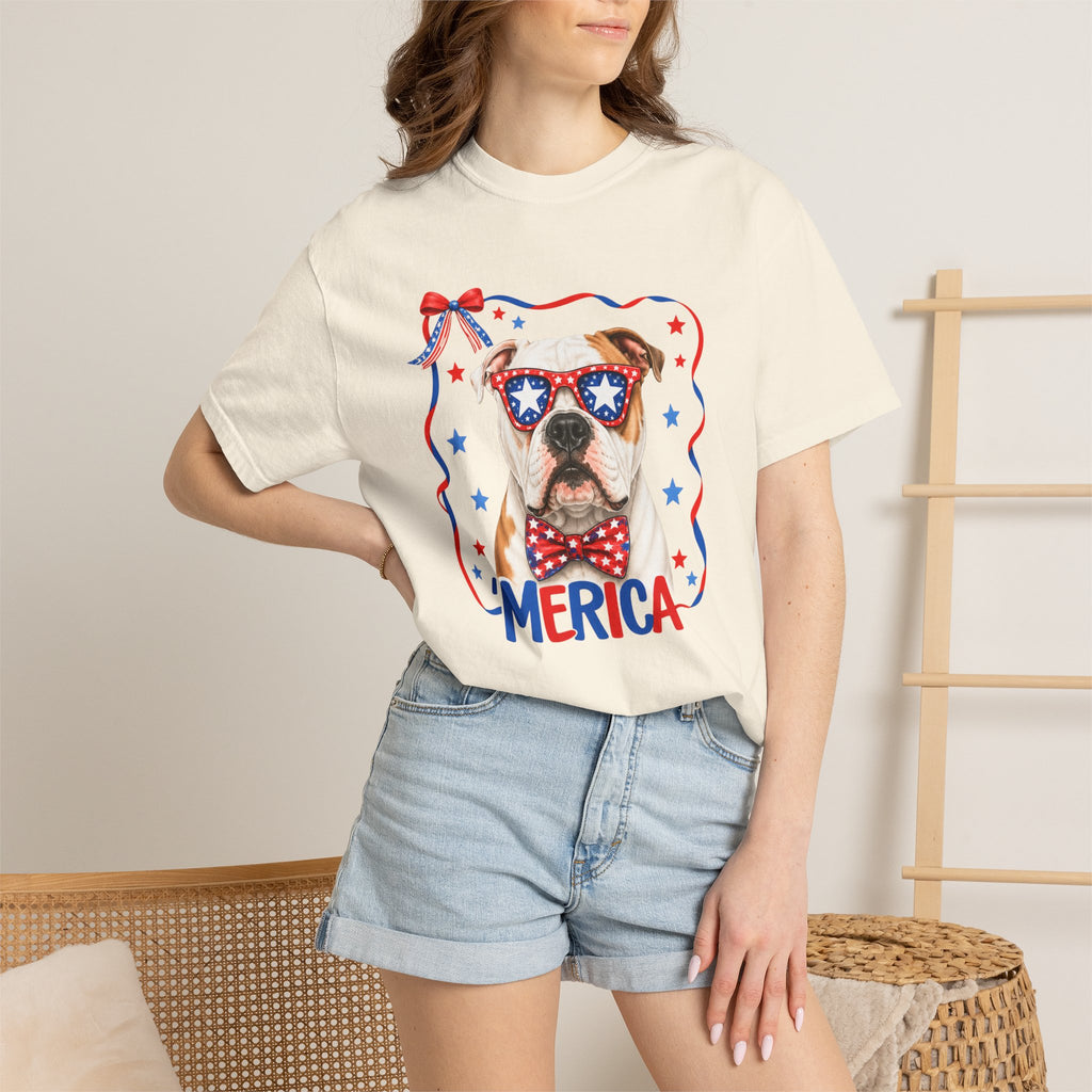 T-Shirt | 'Merica Patriotic Dog Graphic Tee – American Flag Sunglasses & Bow Tie