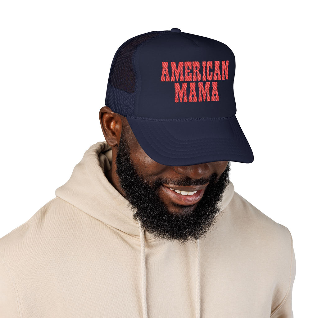 American Mama Trucker Hat - Vintage Red Distressed Foam Mesh Cap for Patriotic Moms