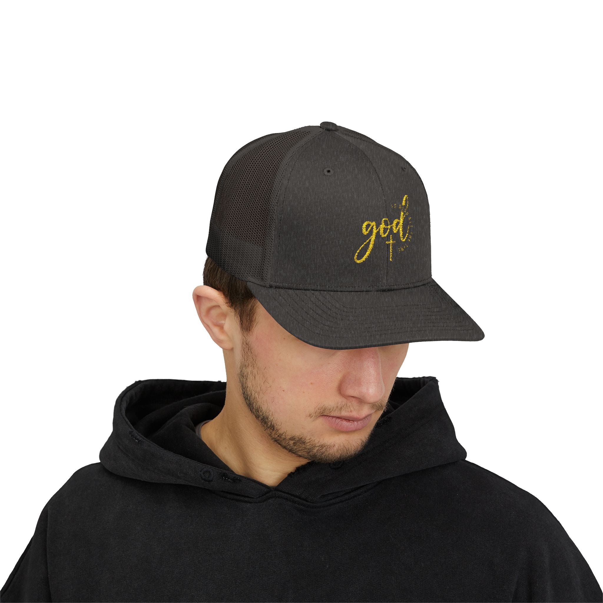 God Script Trucker Cap — Gold Sparkle Faith Snapback