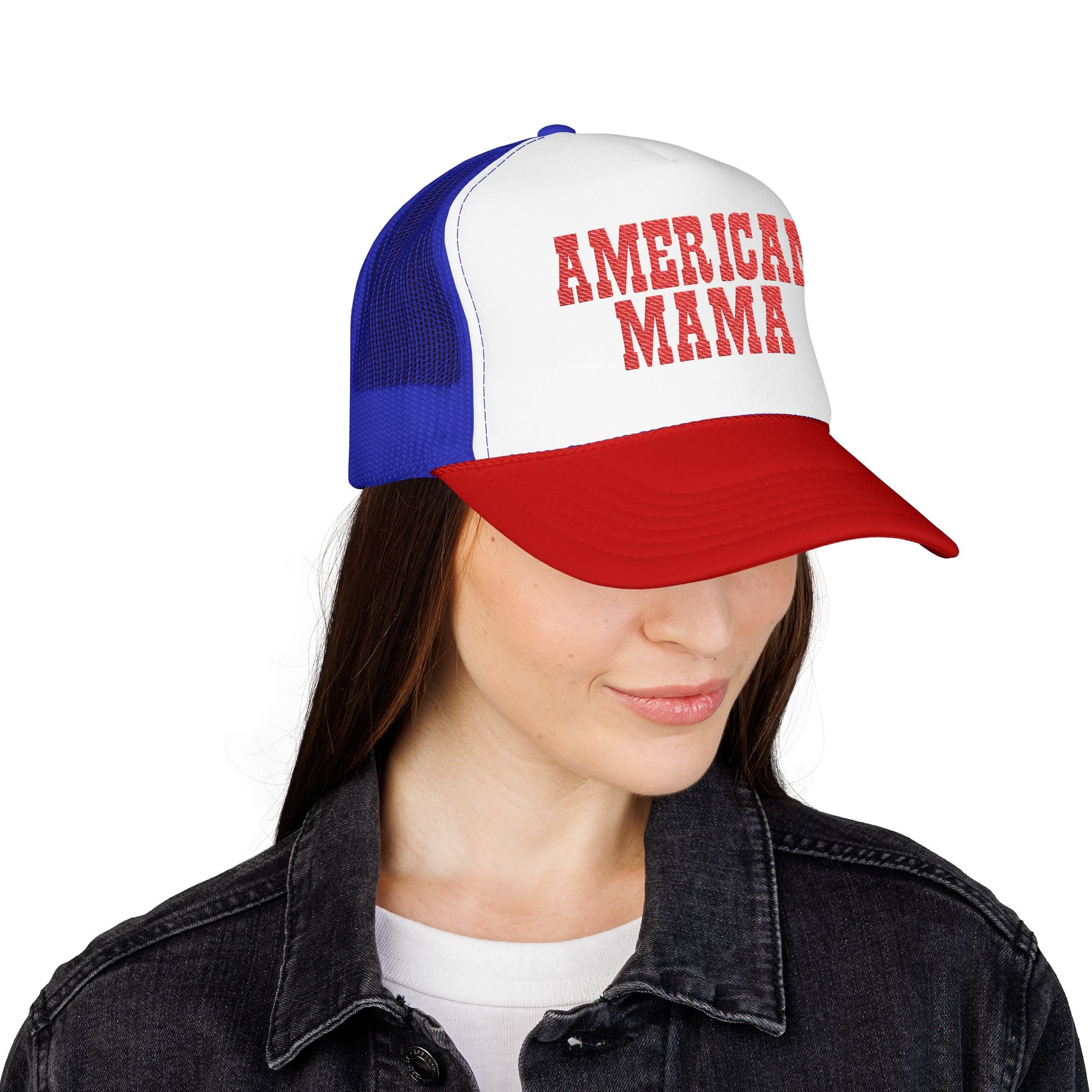 American Mama Trucker Hat - Vintage Red Distressed Foam Mesh Cap for Patriotic Moms