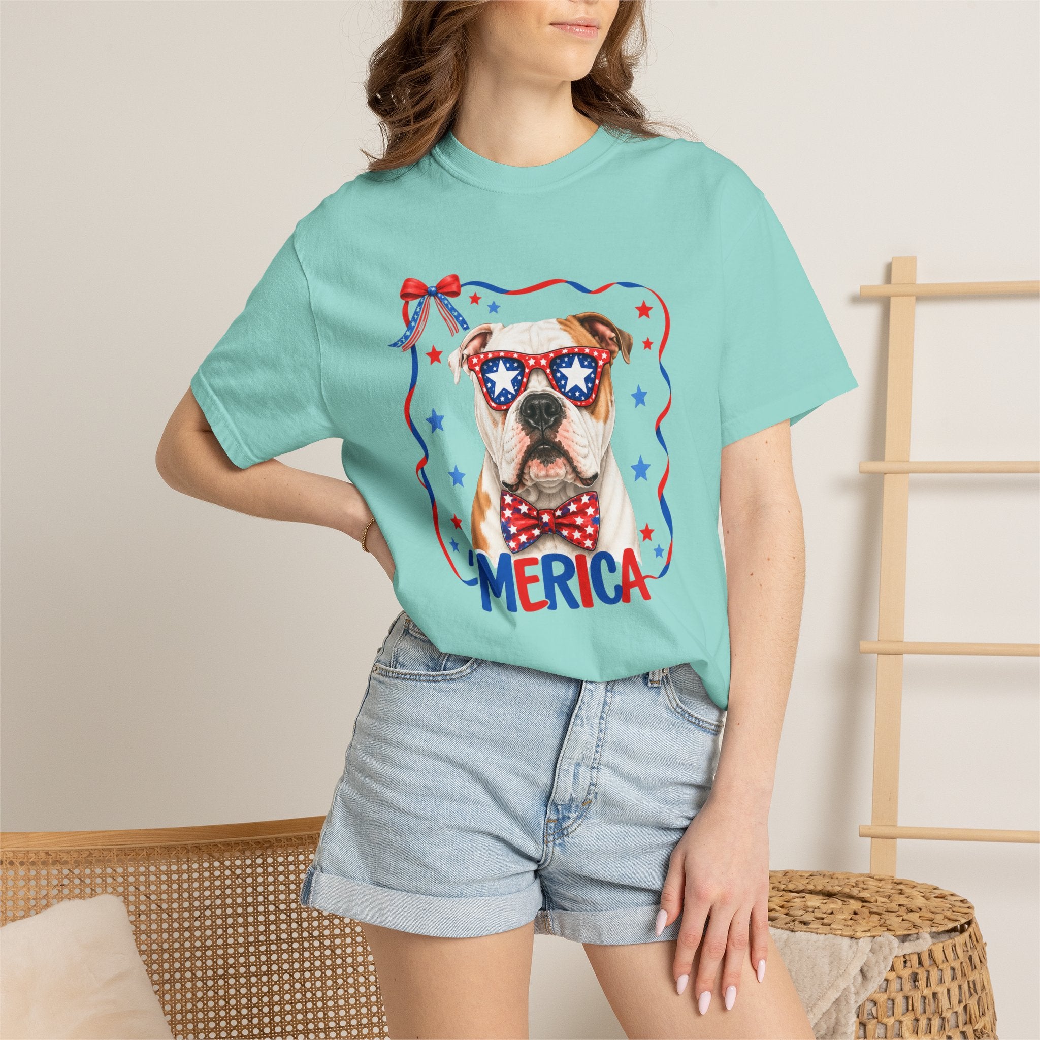 T-Shirt | 'Merica Patriotic Dog Graphic Tee – American Flag Sunglasses & Bow Tie