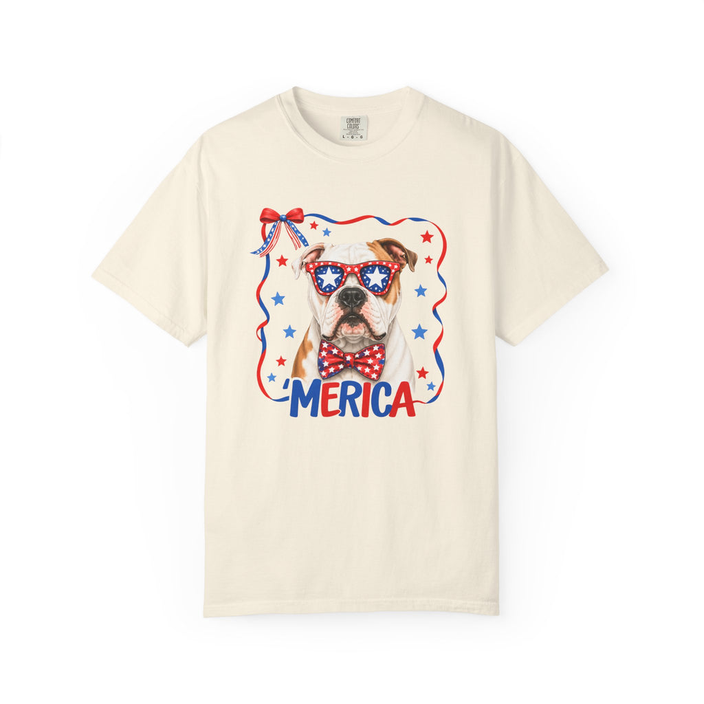 T-Shirt | 'Merica Patriotic Dog Graphic Tee – American Flag Sunglasses & Bow Tie