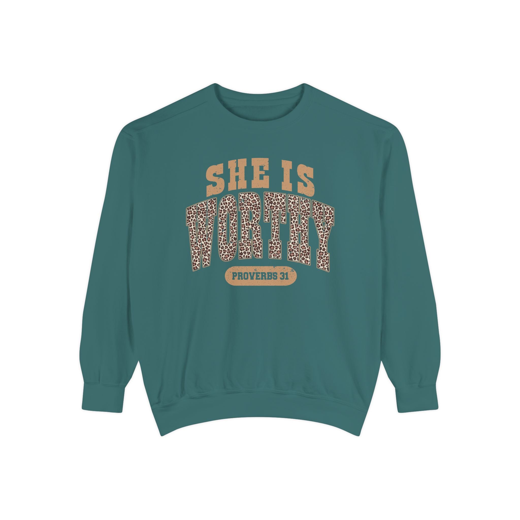 She Is Worthy Sweatshirt — Leopard Print Proverbs 31 Inspirational Pullover