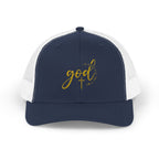 God Script Trucker Cap — Gold Sparkle Faith Snapback