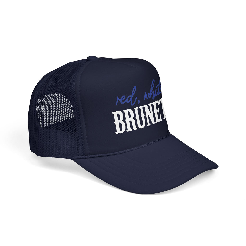 Red, White & Brunette Trucker Hat — Patriotic Foam Mesh Cap for Women