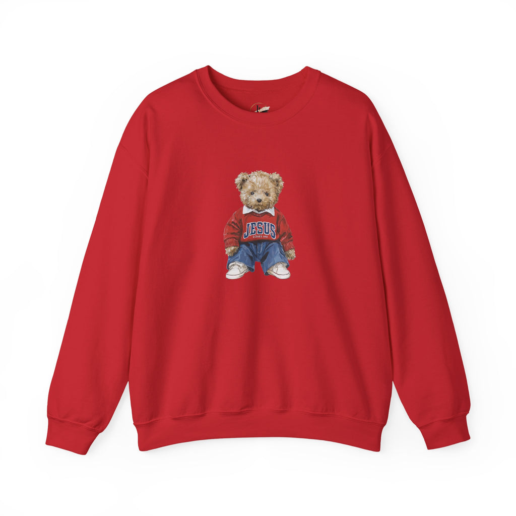 Crewneck Sweatshirt — Teddy Bear Wearing 'Jesus' Sweater Christian Graphic