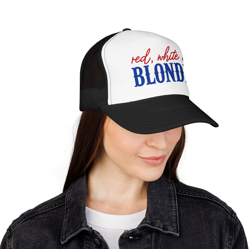 Red, White & Blonde Trucker Hat — Patriotic Blonde Foam Trucker Hat
