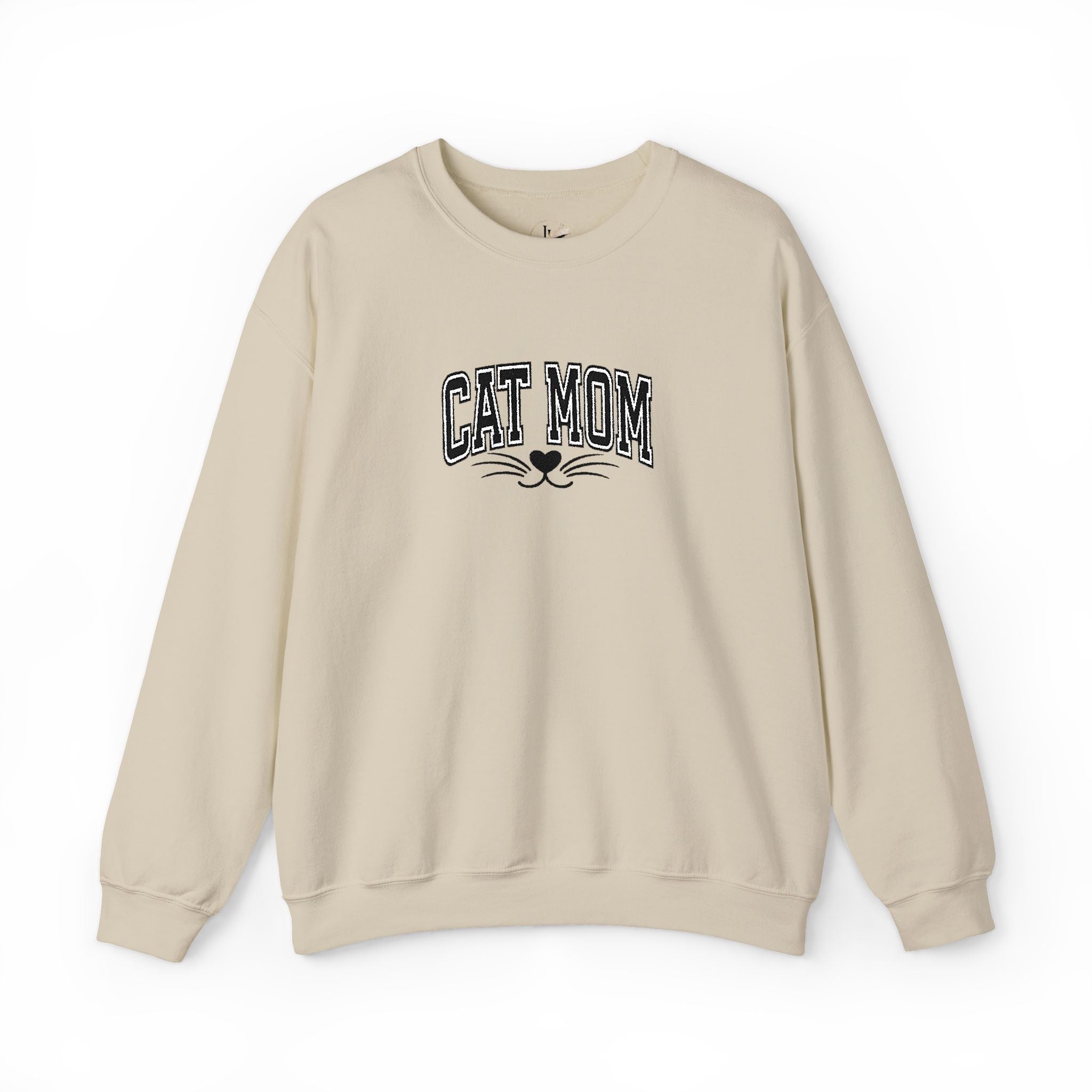 Cat Mom Crewneck Sweatshirt — Vintage Script Cat Face Graphic