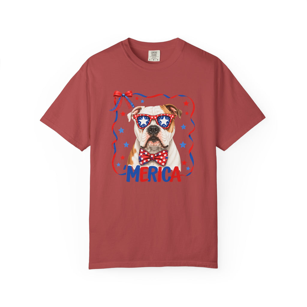 T-Shirt | 'Merica Patriotic Dog Graphic Tee – American Flag Sunglasses & Bow Tie