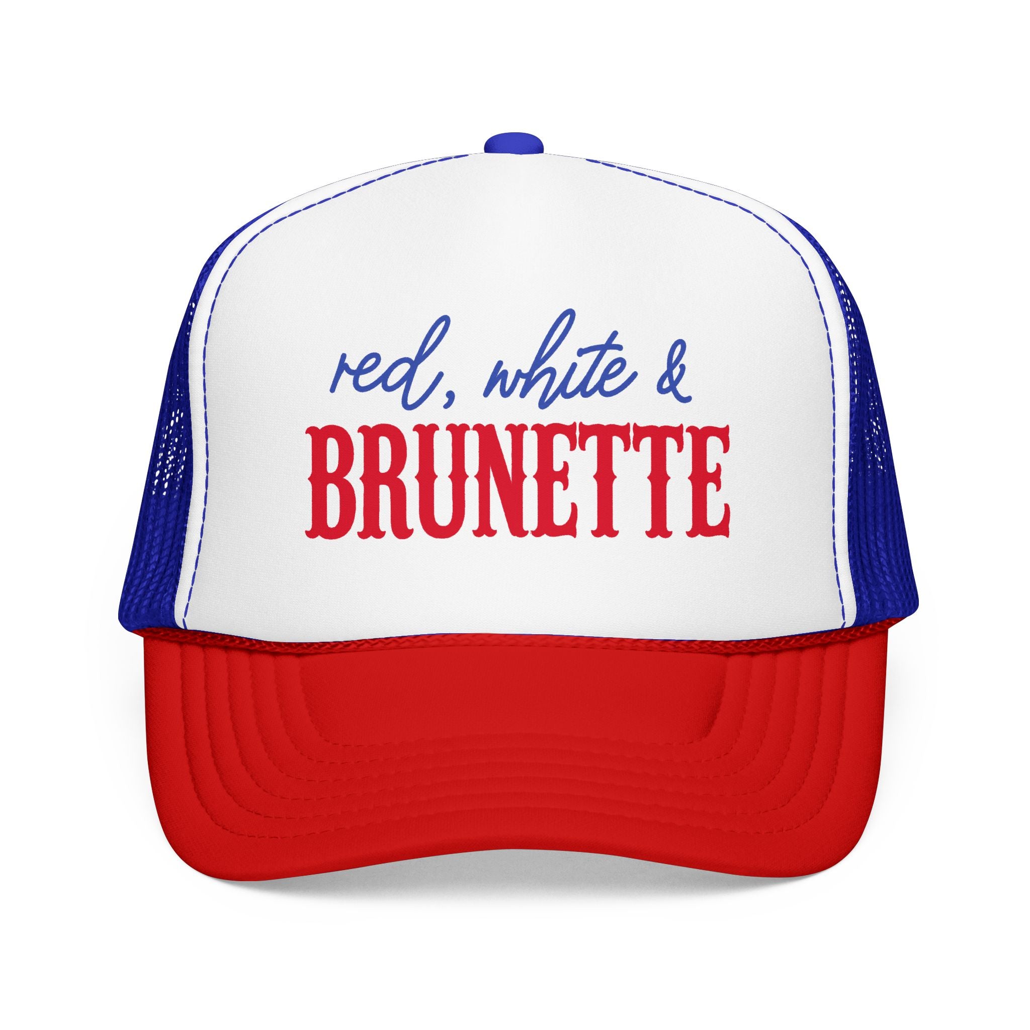 Red, White & Brunette Trucker Hat — Patriotic Foam Mesh Cap for Women