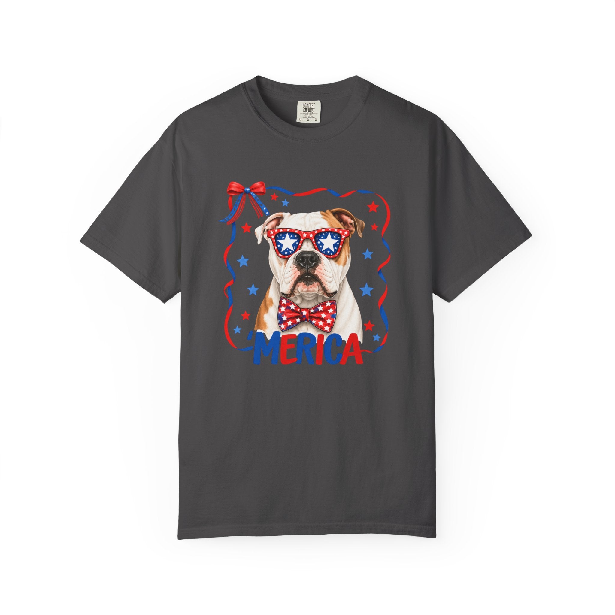 T-Shirt | 'Merica Patriotic Dog Graphic Tee – American Flag Sunglasses & Bow Tie