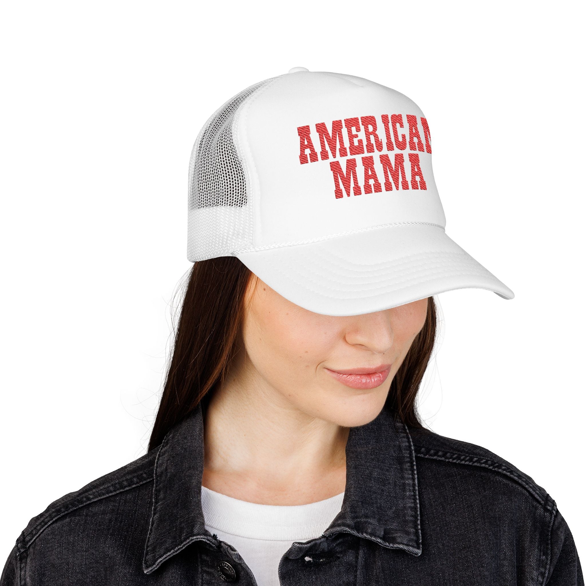 American Mama Trucker Hat - Vintage Red Distressed Foam Mesh Cap for Patriotic Moms
