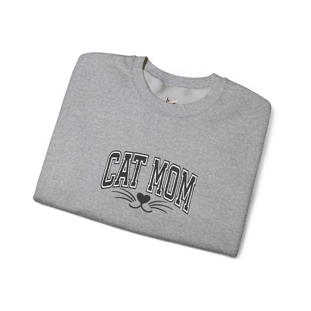 Cat Mom Crewneck Sweatshirt — Vintage Script Cat Face Graphic