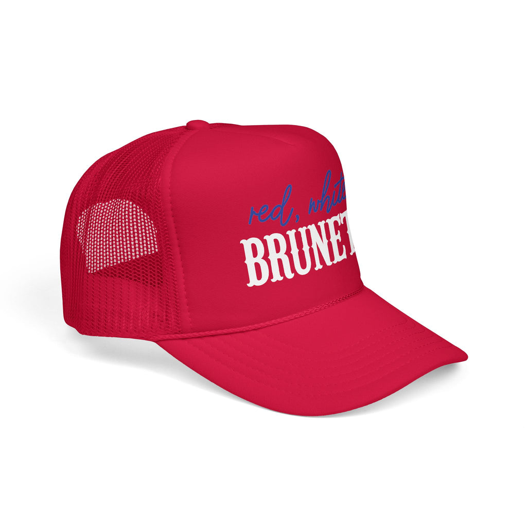 Red, White & Brunette Trucker Hat — Patriotic Foam Mesh Cap for Women