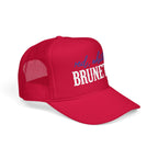 Red, White & Brunette Trucker Hat — Patriotic Foam Mesh Cap for Women