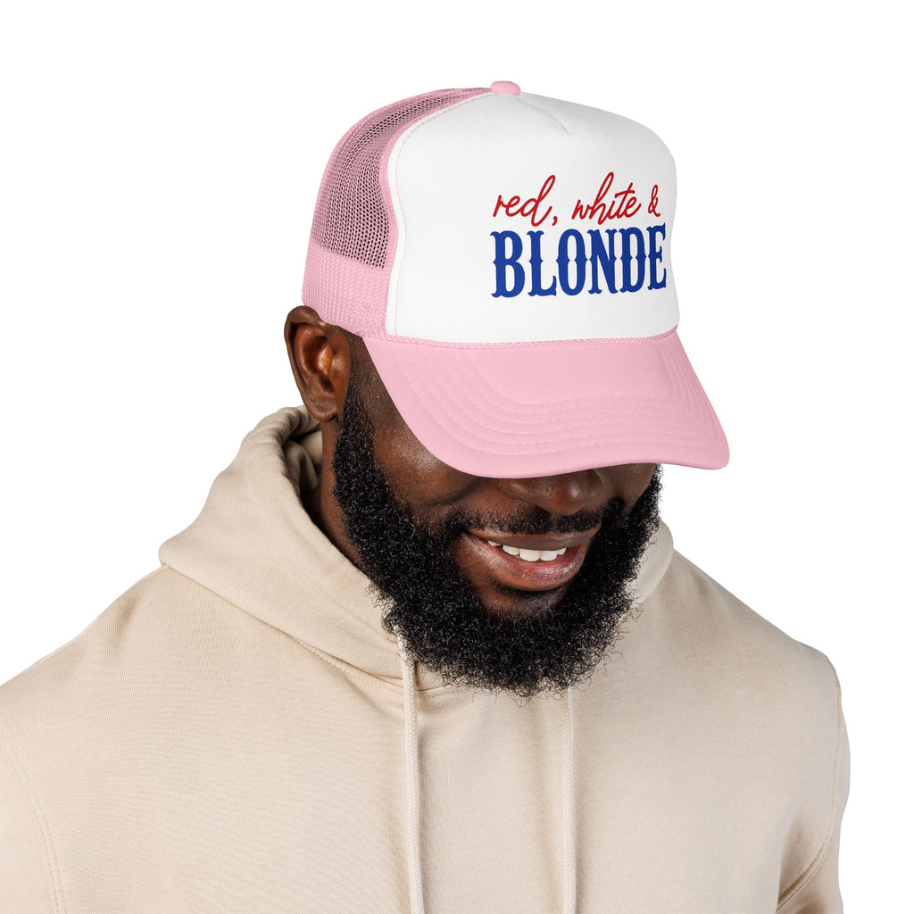 Red, White & Blonde Trucker Hat — Patriotic Blonde Foam Trucker Hat