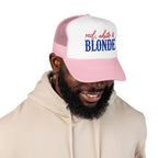 Red, White & Blonde Trucker Hat — Patriotic Blonde Foam Trucker Hat