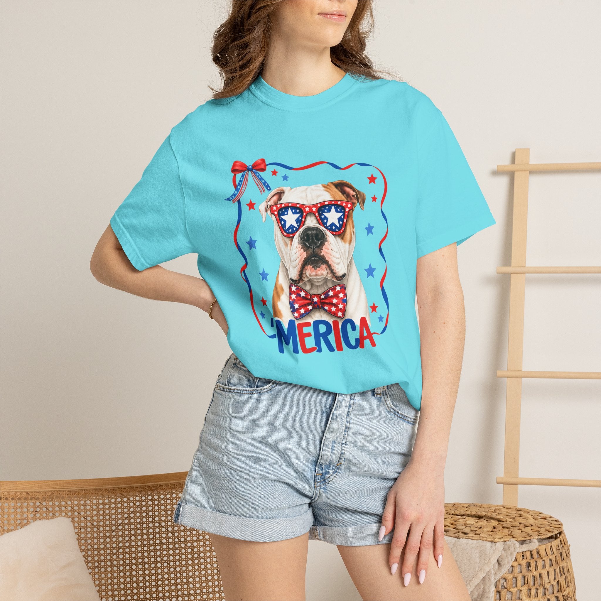 T-Shirt | 'Merica Patriotic Dog Graphic Tee – American Flag Sunglasses & Bow Tie