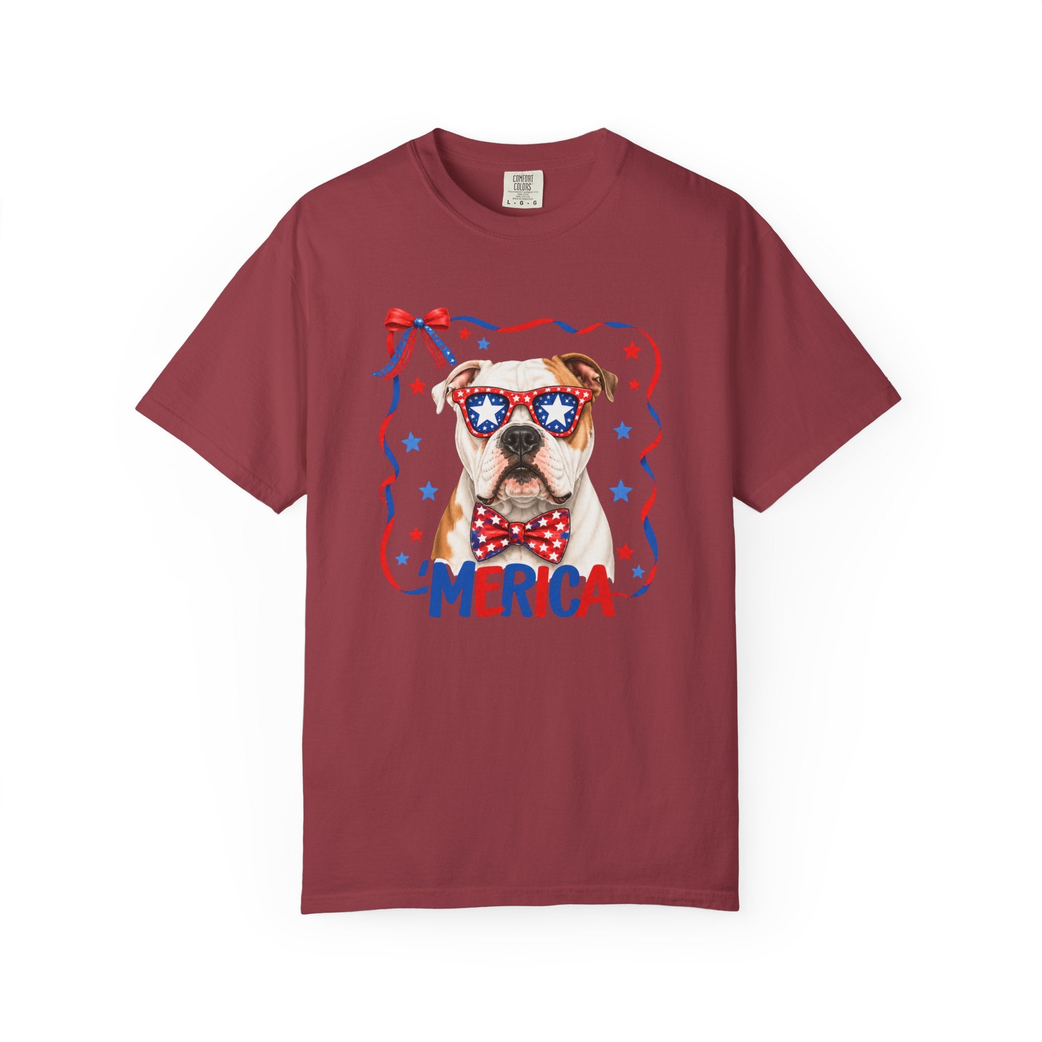T-Shirt | 'Merica Patriotic Dog Graphic Tee – American Flag Sunglasses & Bow Tie