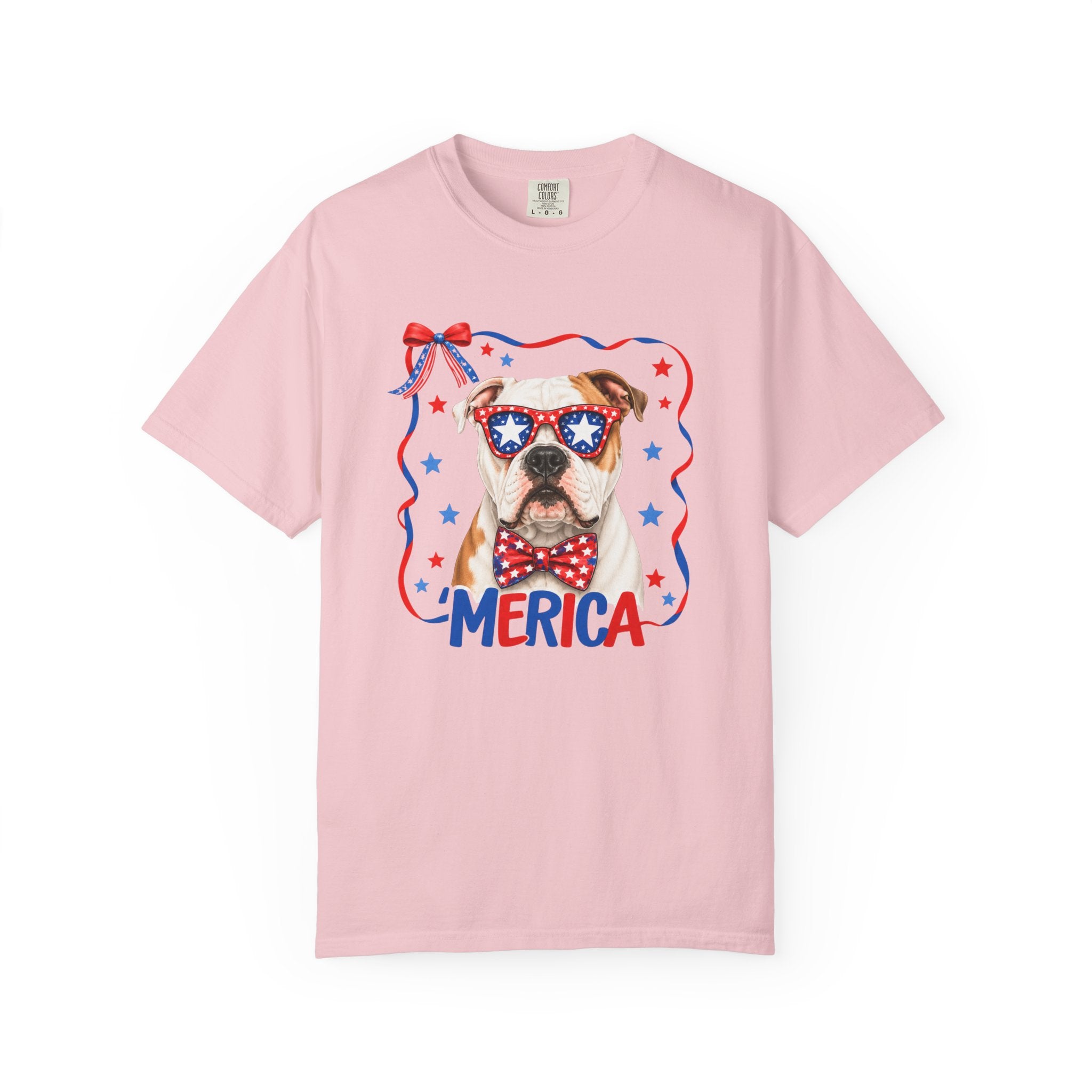 T-Shirt | 'Merica Patriotic Dog Graphic Tee – American Flag Sunglasses & Bow Tie