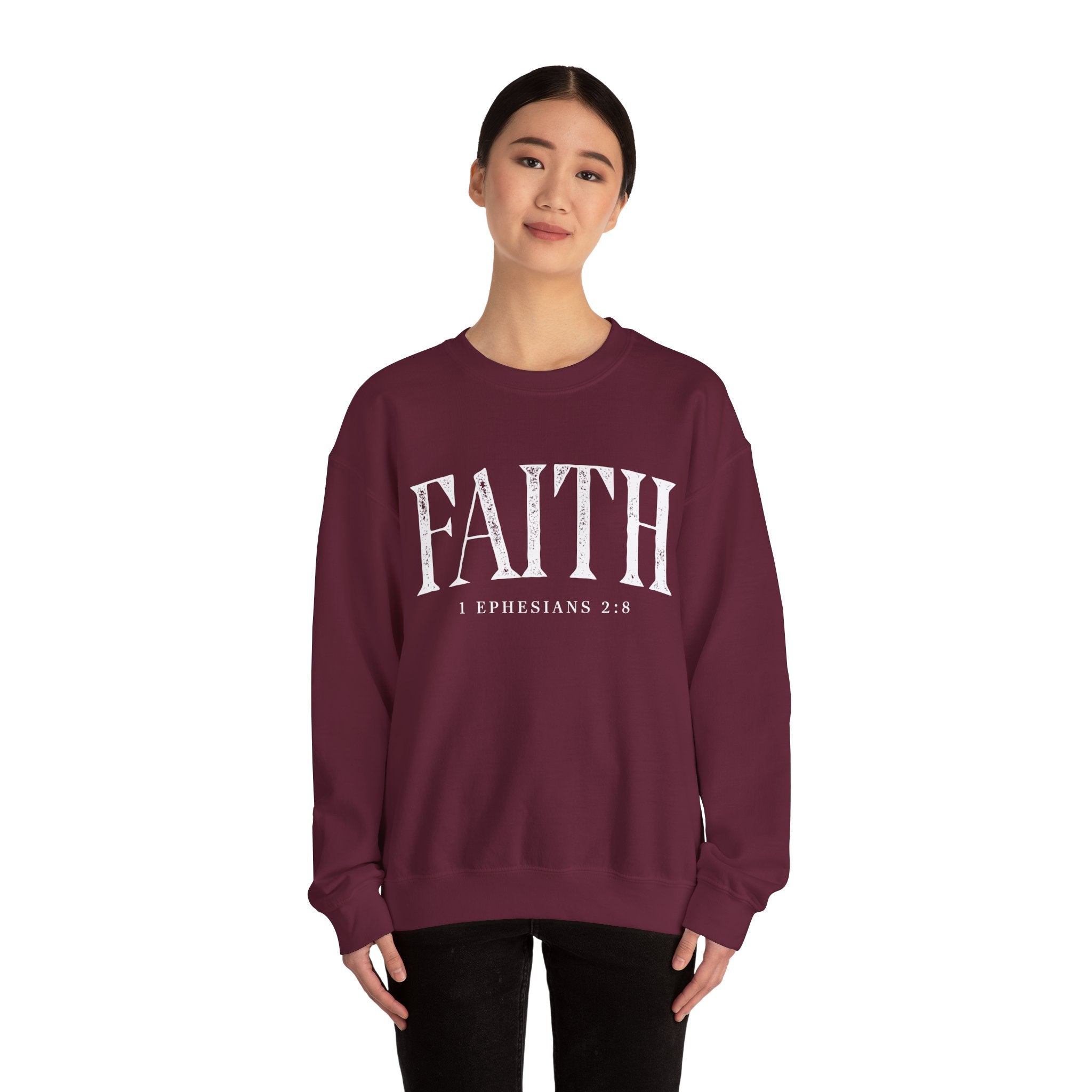 Faith Crewneck Sweatshirt — "Faith" with 1 Ephesians 2:8 Christian Pullover