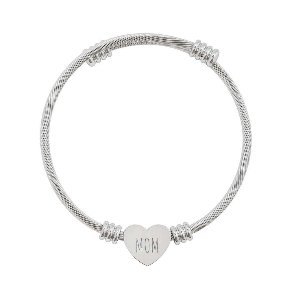 Customized Engravable Heart Cuff Bracelet — Personalized Initials Stainless Steel Bangle (Silver or Gold)