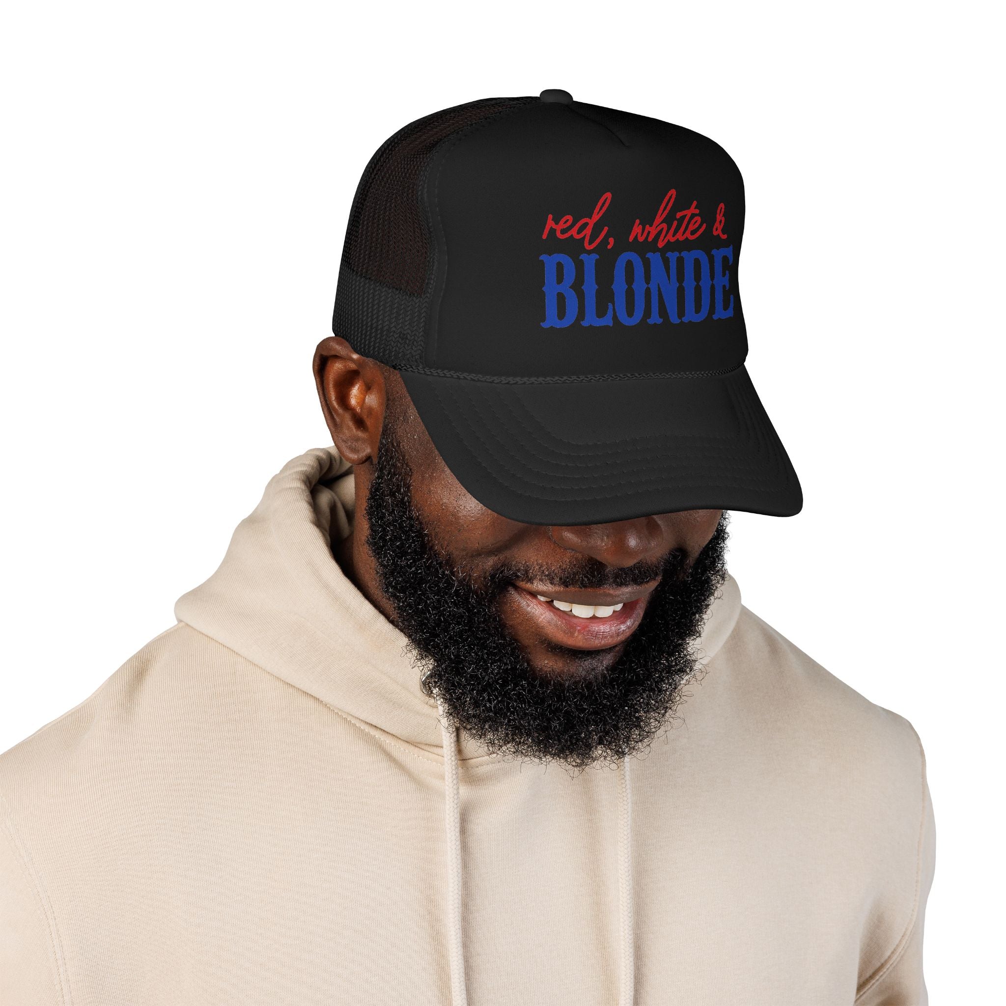Red, White & Blonde Trucker Hat — Patriotic Blonde Foam Trucker Hat