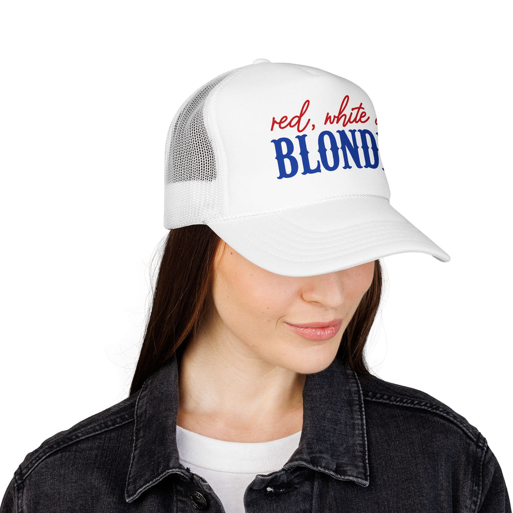 Red, White & Blonde Trucker Hat — Patriotic Blonde Foam Trucker Hat