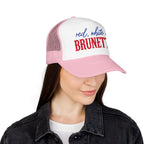 Red, White & Brunette Trucker Hat — Patriotic Foam Mesh Cap for Women