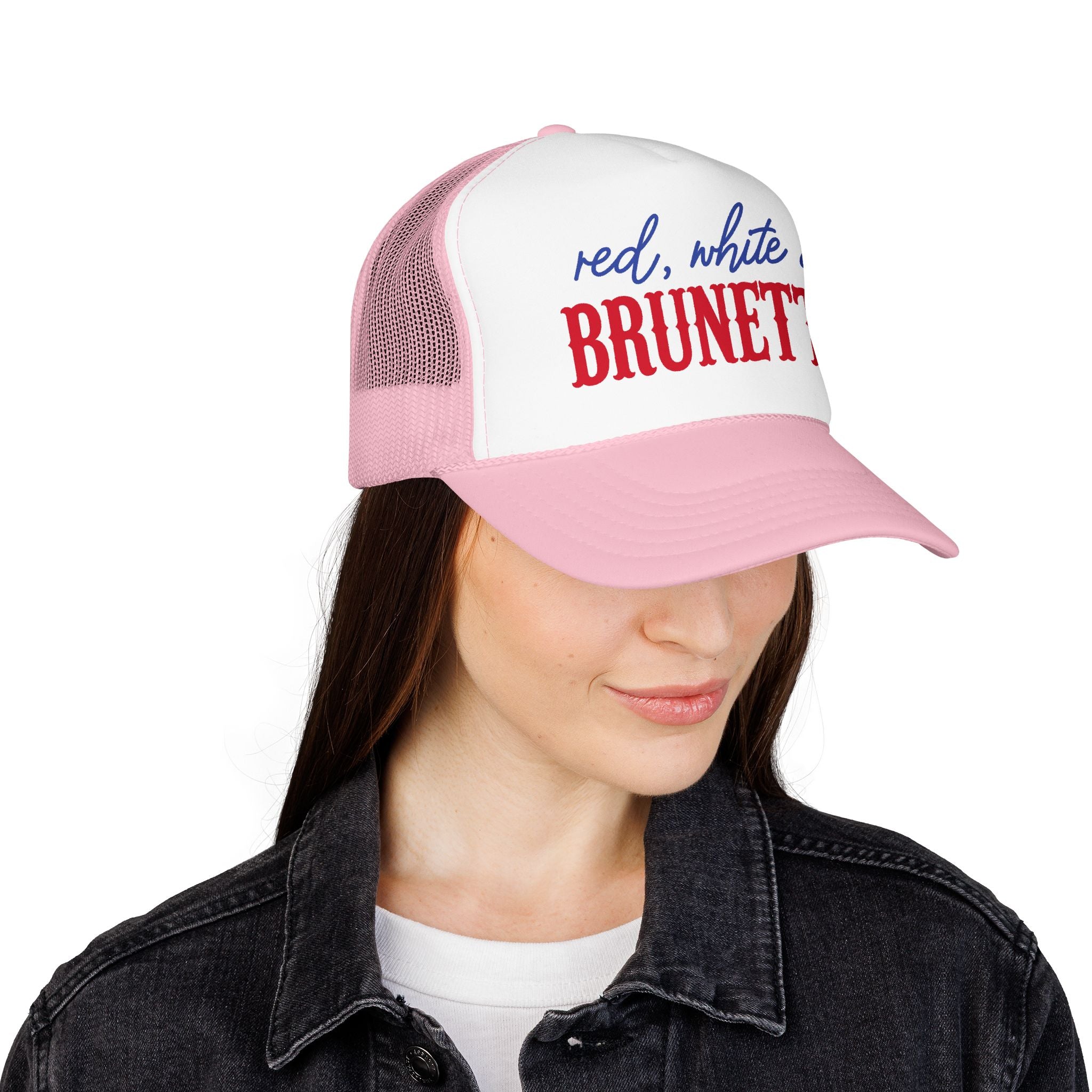 Red, White & Brunette Trucker Hat — Patriotic Foam Mesh Cap for Women