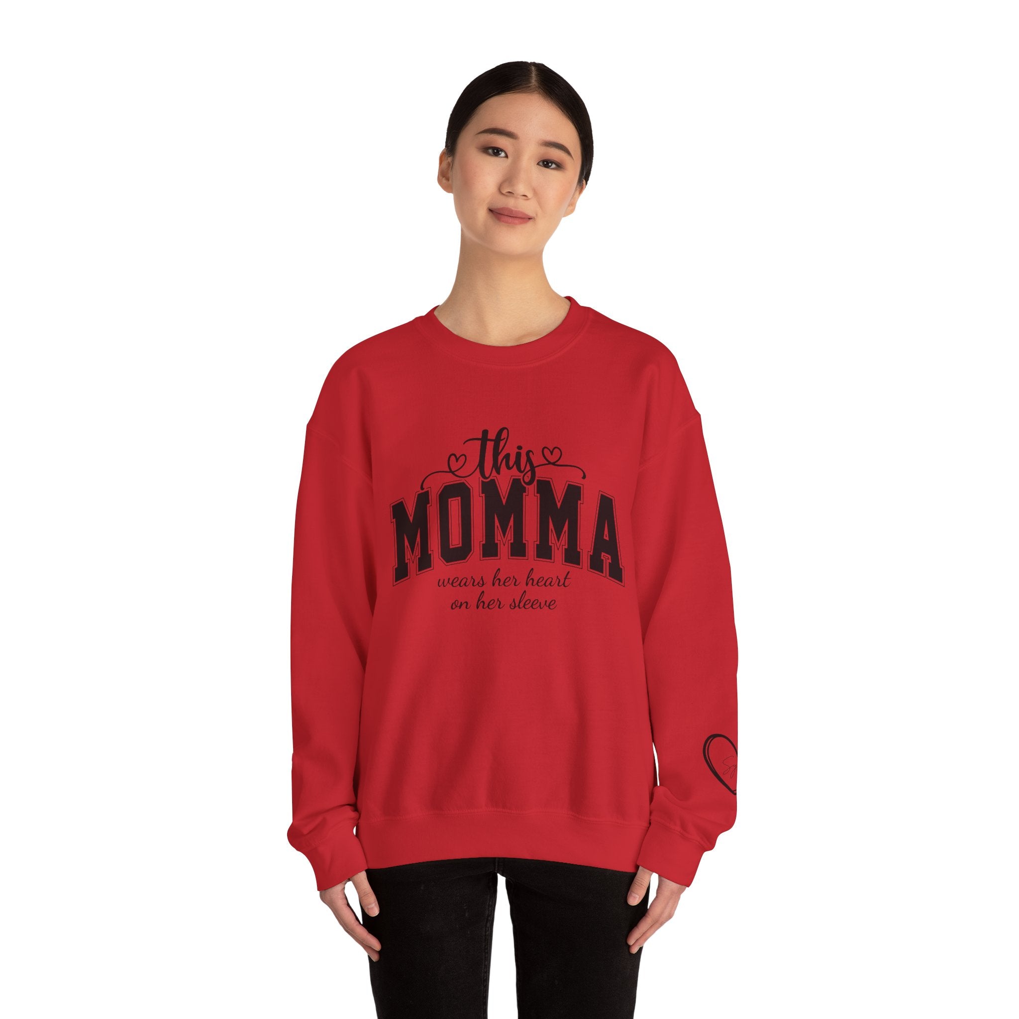 Customized Momma, Gigi, Grammy, Grandma, Mama, Mom, or Nana  Crewneck Sweatshirt – “This ….. Wears Her Heart on Her Sleeve” Cozy Pullover