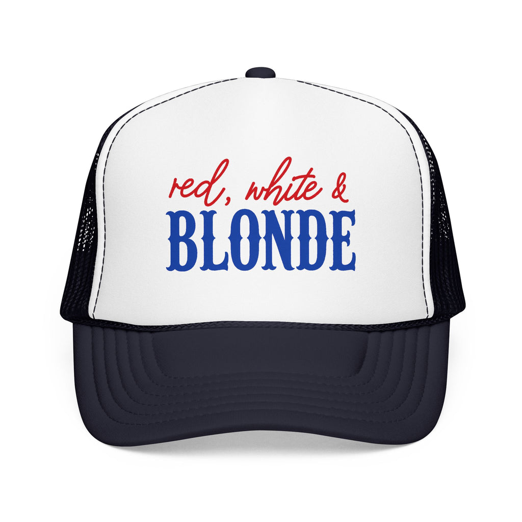 Red, White & Blonde Trucker Hat — Patriotic Blonde Foam Trucker Hat