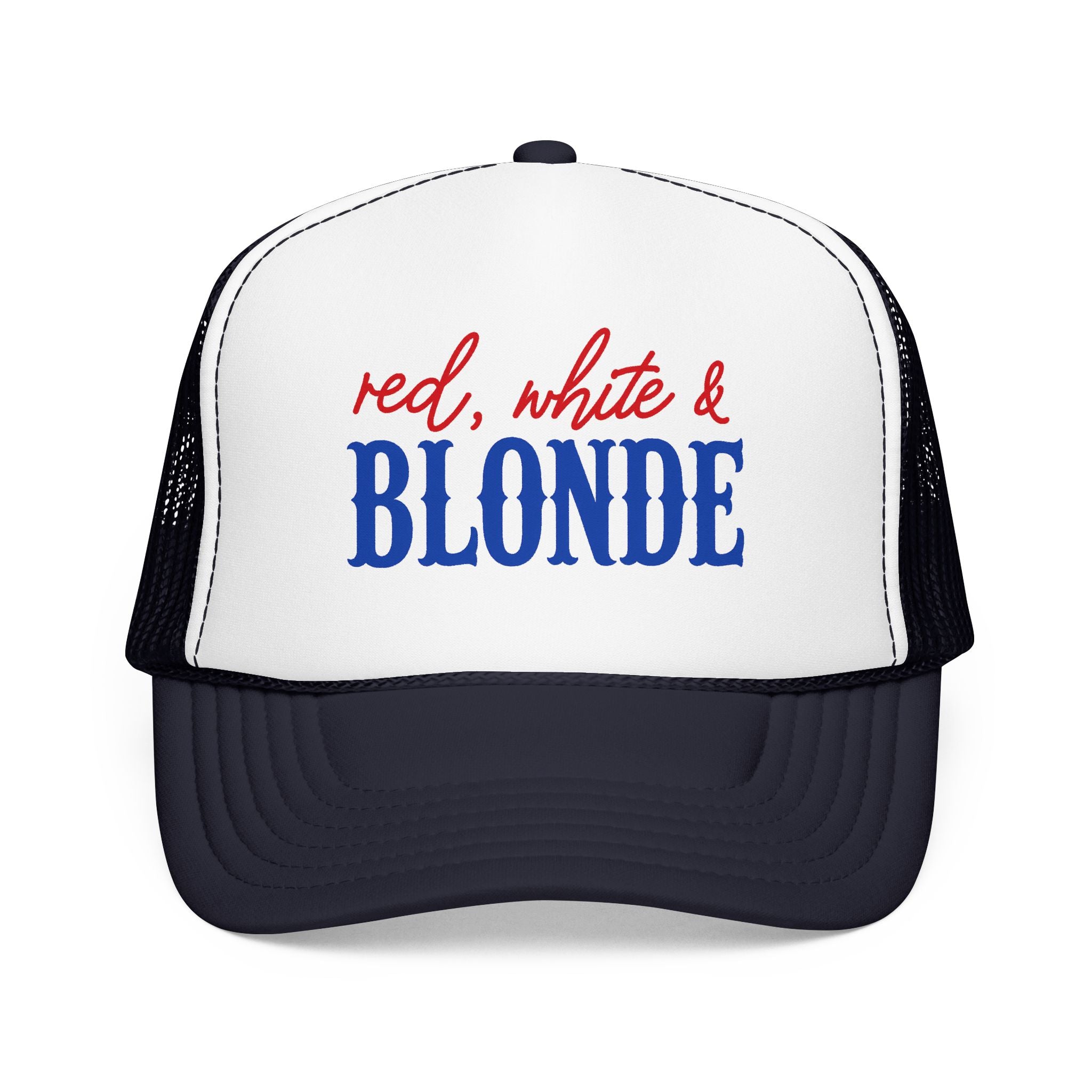 Red, White & Blonde Trucker Hat — Patriotic Blonde Foam Trucker Hat