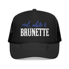 Red, White & Brunette Trucker Hat — Patriotic Foam Mesh Cap for Women