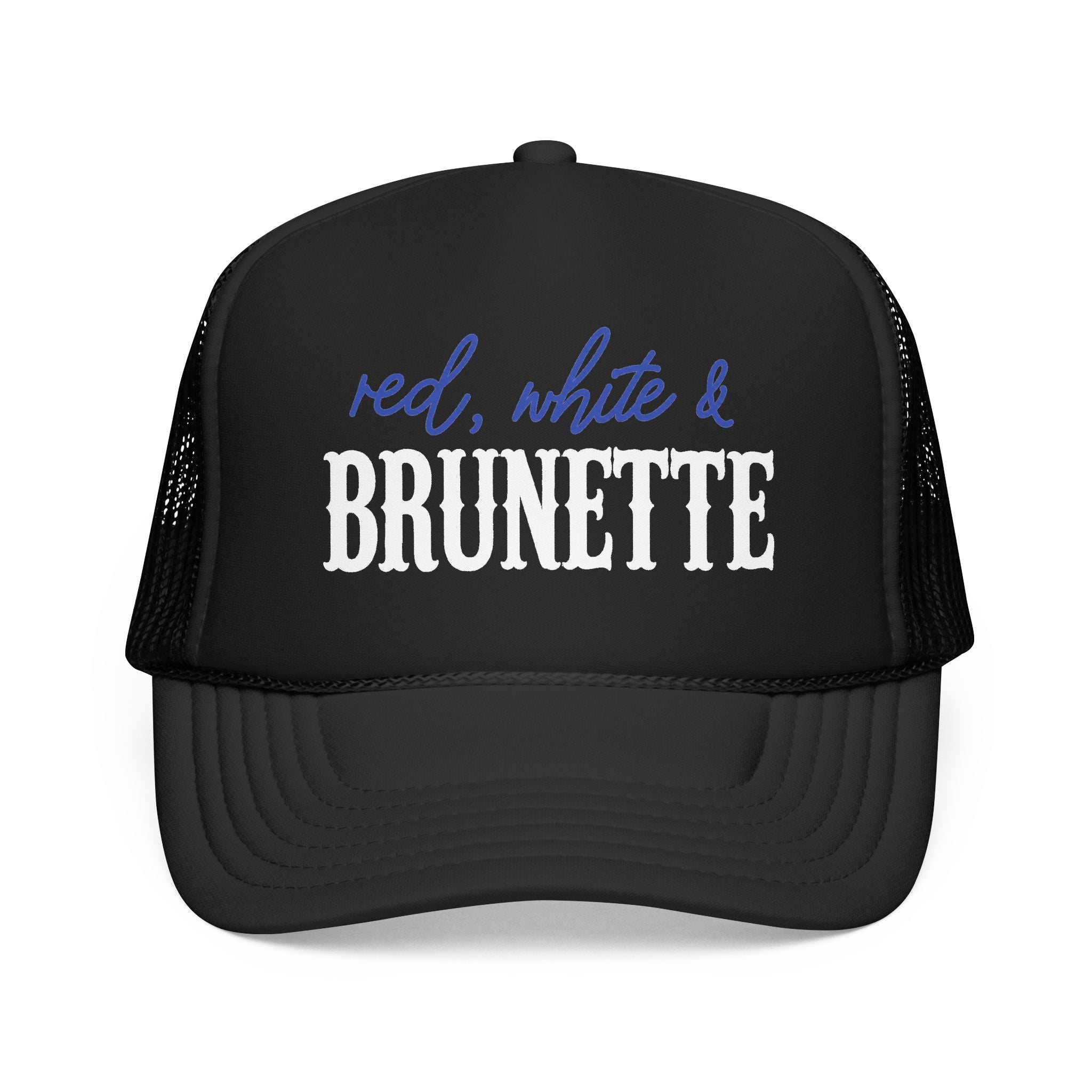 Red, White & Brunette Trucker Hat — Patriotic Foam Mesh Cap for Women