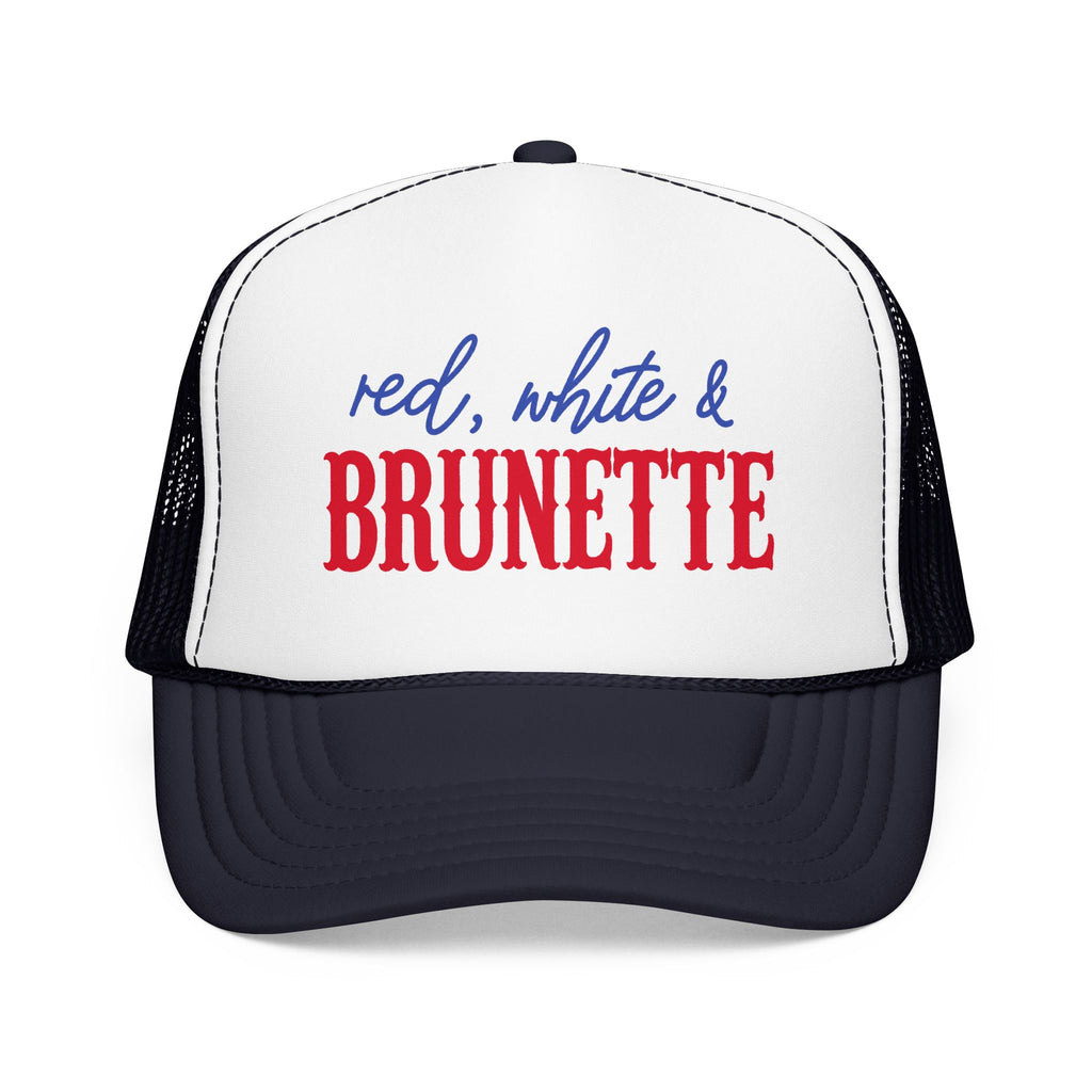 Red, White & Brunette Trucker Hat — Patriotic Foam Mesh Cap for Women