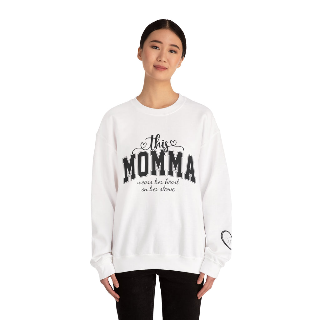 Customized Momma, Gigi, Grammy, Grandma, Mama, Mom, or Nana  Crewneck Sweatshirt – “This ….. Wears Her Heart on Her Sleeve” Cozy Pullover