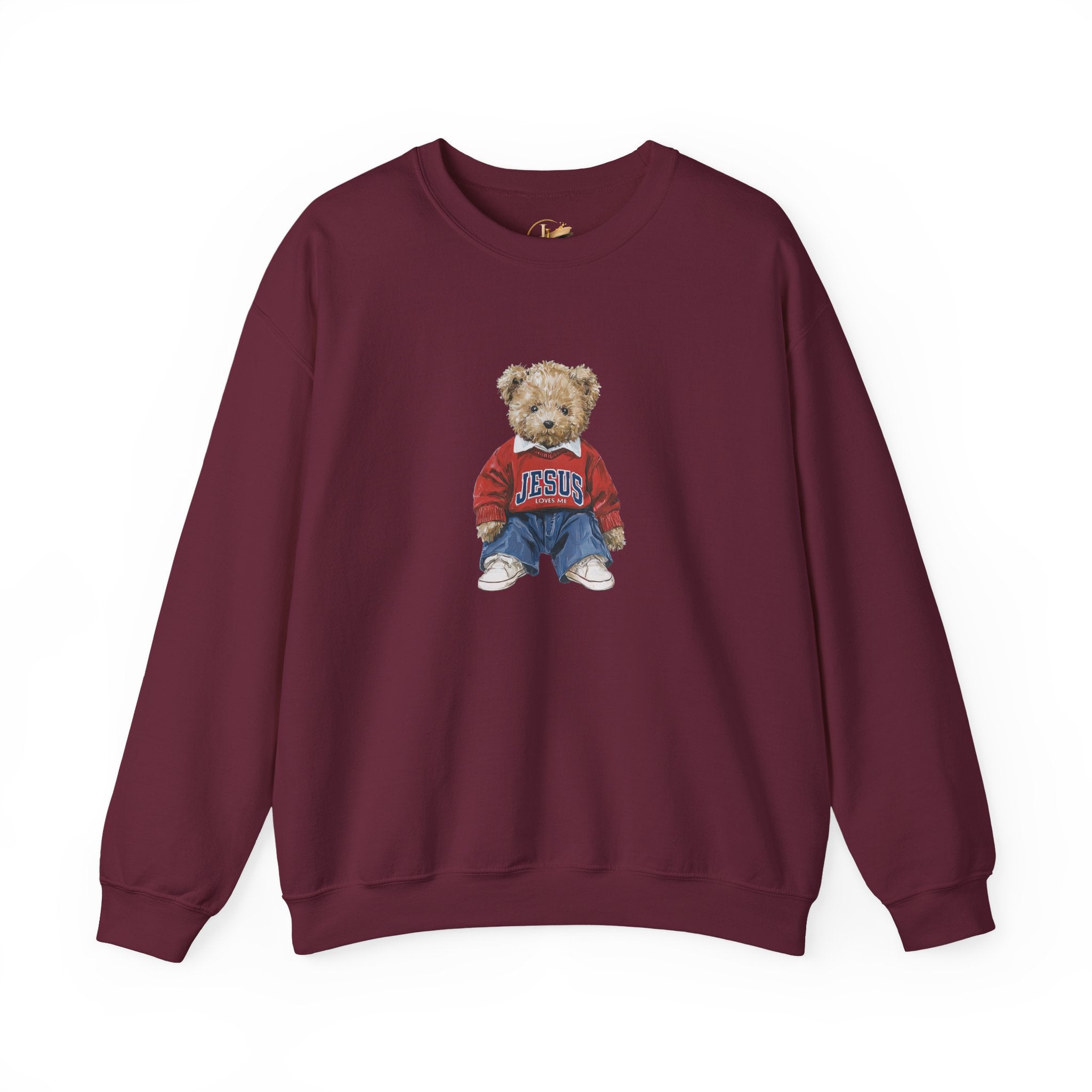 Crewneck Sweatshirt — Teddy Bear Wearing 'Jesus' Sweater Christian Graphic