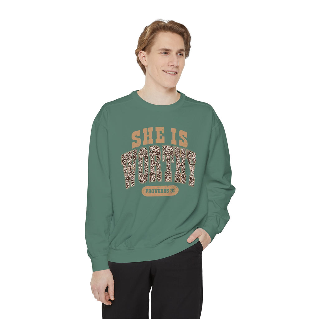 She Is Worthy Sweatshirt — Leopard Print Proverbs 31 Inspirational Pullover