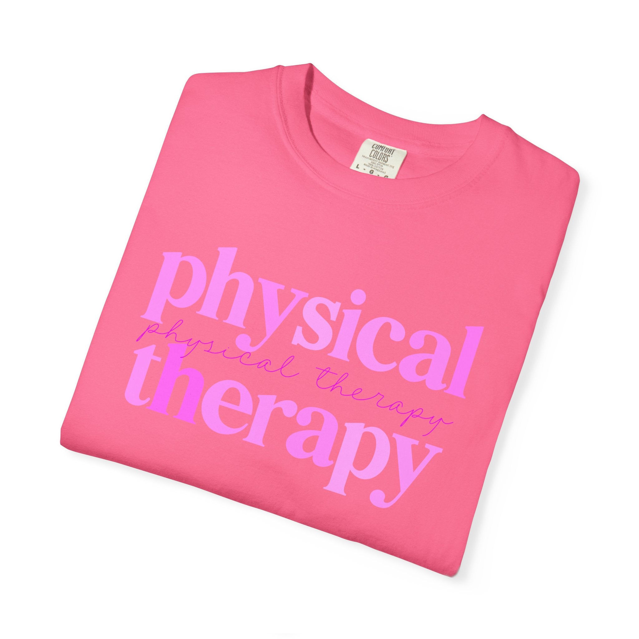Physical Therapy T-Shirt — Pink Text Rehab Tee for Physical Therapists & Students