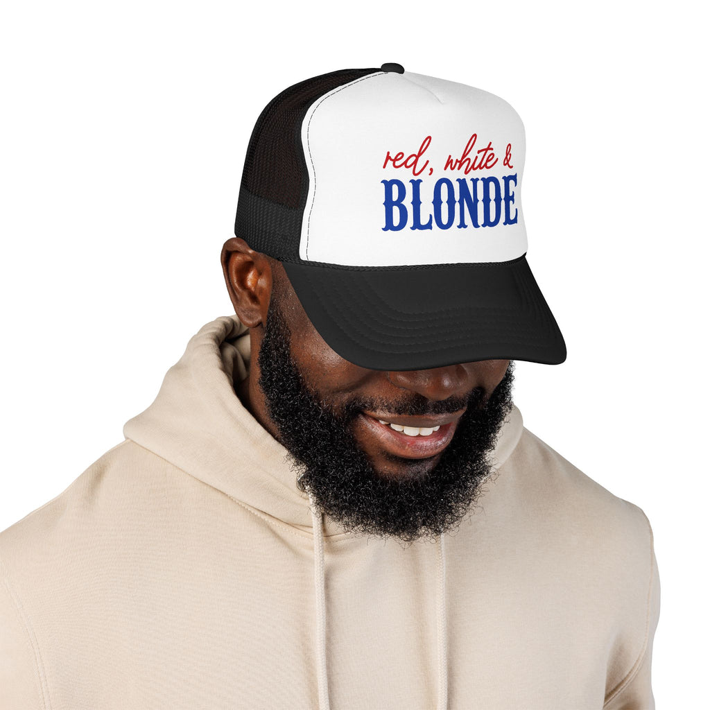 Red, White & Blonde Trucker Hat — Patriotic Blonde Foam Trucker Hat